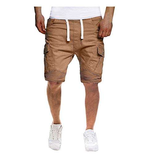 Men Shorts Cargo Big and Tall Slim Fit Multi-Pockets Stretch Elastic Waist Sport Pleated Casual Beach Pants (L, Khaki) 5