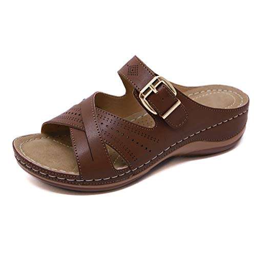 Womens Flats Sandals Soft Leather Slide Sandals Comfy Summer Wedges Walking Shoes For Women Coffee Size 11 2