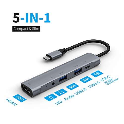 USB C Hub,5 in 1 USB-C Hub with 60W PD Charging Port Type-c to 4K HD -Compatible USB3.0 USB 2.0 Adapter 3