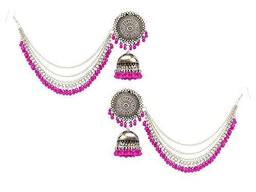 Yellow Chimes German Oxidised Silver Antique Traditional Maang Tikka with Earrings Jewellery Set for Women and Girls (Pink) 3