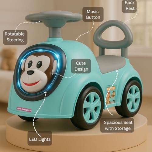 MiniExplorer Monkey Ride-On Toy Car for Kids | Push Ride Car with Music, Horn, Backrest, Safety Guard, Under Seat Storage & Big Wheels | Baby Ride-On for 1-3 Years Boys & Girls - Blue 5