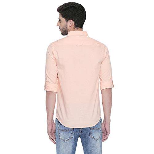 MUFTI Peach Plain Full Sleeved Cotton Linen Shirt 5