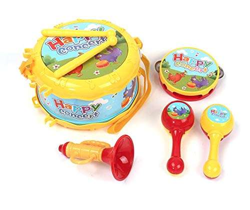 MeeYum Baby Musical Toys Pretend Play Drum Set Instruments 4 Pc Band Includes Bell, Horn, Sand Hammer, Drumsticks for Toddler and Kids 2