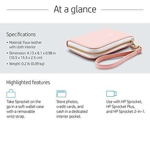 HP Sprocket Wallet Case - Portable Photo Printer Protective Soft Case with Side Pocket and Wrist Strap -Blush (4NC15A) 6