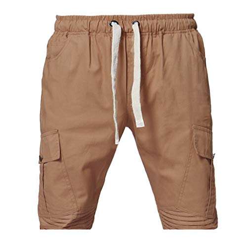 Men Shorts Cargo Big and Tall Slim Fit Multi-Pockets Stretch Elastic Waist Sport Pleated Casual Beach Pants (L, Khaki) 4