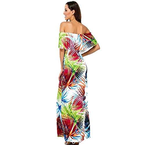 KoLan Women Dress Womens Maxi Skirts Slash Neck Sleeveless Sexy Off Shoulder Slash Collar Printing Ruffle Dresses (S, Green) 3