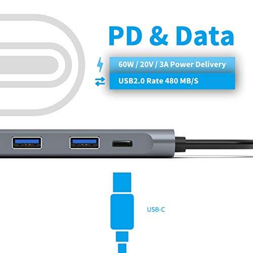USB C Hub,5 in 1 USB-C Hub with 60W PD Charging Port Type-c to 4K HD -Compatible USB3.0 USB 2.0 Adapter 4