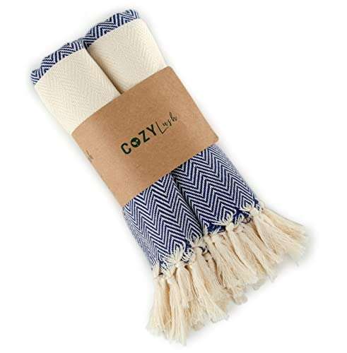 Cozy Herringbone | 100% Cotton Original Turkish Hand Towel (24.5" x 39") - Pre-Washed Peshtemal, Pool, Gym, Spa, Hammam, Kitchen, Bath Towel, Eco-Friendly (Navy Blue, Hand Towel Size) 2
