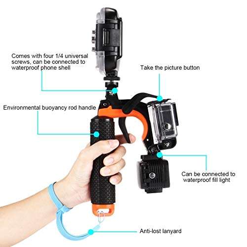 3 in 1 Pistol Trigger Set (Shutter Trigger + Phone Clamp + Floating Hand Grip Diving Buoyancy Stick) with Adjustable Anti-lost Strap & Screw & Tripod Adapter for iPhone, Galaxy, Sony, and other Smartp 4