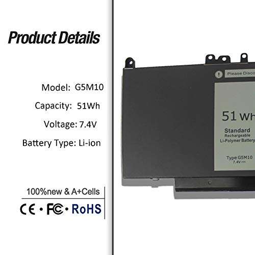 G5M10 Laptop Battery 7.4V 51Wh Compatible with Dell Latitude E5450 E5550 5550 5450 Notebook 8V5GX R9XM9 WYJC2 1KY05 0WYJC2 TXF9M 0TXF9M R0TMP 79VRK HK6DV 0HK6DV 3