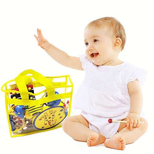 ToyerBee Musical Instruments Toys Set for Kids, 15PCS Wooden Percussion Instruments for Toddlers, Preschool& Educational Toy with StorageBag, Tambourine, Maracas, Castanets& More for Boys and Girls. 4