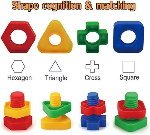 Preschool Big Size Nuts and Bolts Blocks for Kids and Toddlers - Shape and Colour Matching Screw Educational Montessori Building Construction Toy Matching Activities for 3 4 5 6 Year Old Boy and Girl 6