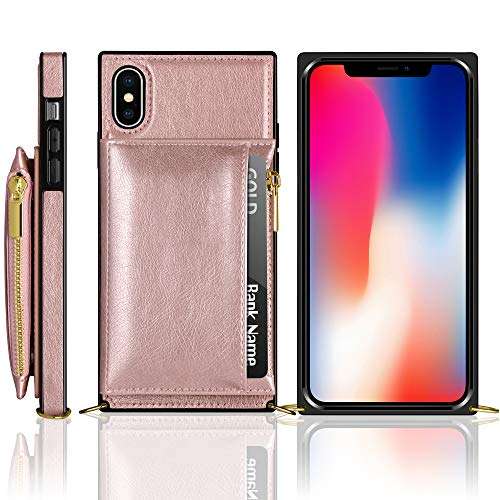 Coolden for iPhone Xs Wallet Case with Lanyard Crossbody Strap Credit Card Holder Slot Square Cover Protective Soft PU Leather Zipper Back Case for 5.8 inch iPhone Xs X 10 Rose Gold 6