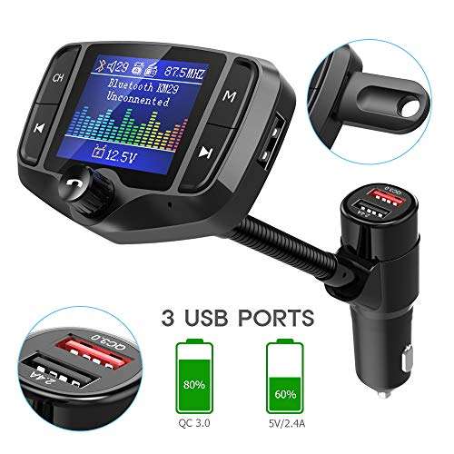 Nulaxy Bluetooth FM Transmitter, Wireless Radio Adapter Hands-Free Car Kit with 1.8 Inch Display, QC 3.0 & 5V/2.4A, USB Drive & SD Card Aux in & Out 4
