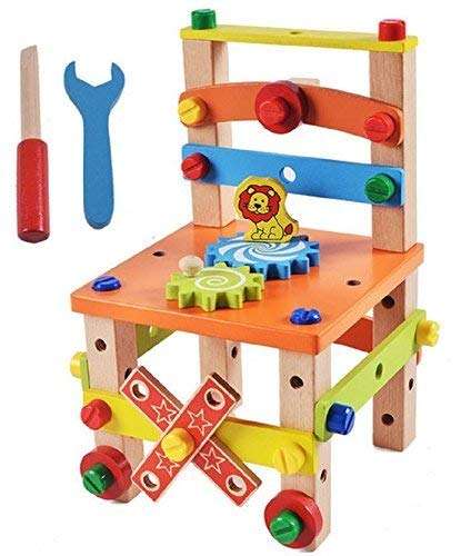 tumtum assembling disassembling wooden multi functional activity chair with nut and screw driver toys for kids, educational & learning toy for children..- Multi color 4