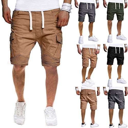 Men Shorts Cargo Big and Tall Slim Fit Multi-Pockets Stretch Elastic Waist Sport Pleated Casual Beach Pants (L, Khaki) 3
