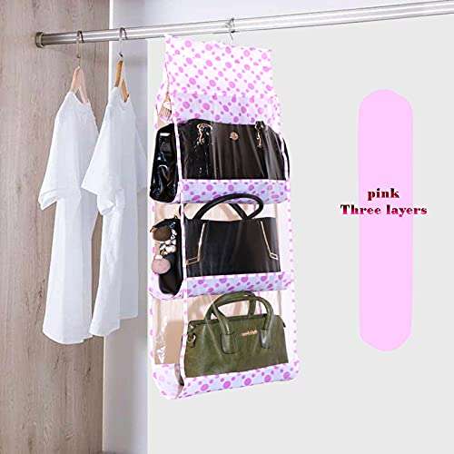 Pink Pari 6 Pocket Foldable Hanging Purse Handbag Organizer for Storage Ladies Women Large Clear Hand Bag Storage Organizer Closet Tidy Wardrobe Rack Hangers Holder for Fashion Handbag Purse Pouch 6