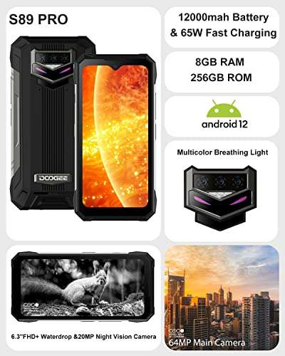 DOOGEE S89 PRO Rugged Smartphone(2022), 12000mAh Massive Battery Android 12 Rugged Phone Unlocked, 65W Fast Charging, 8GB+256GB IP68 Waterproof Cellphone, Night Vision, Breathing Light, NFC, Dual 4G 3