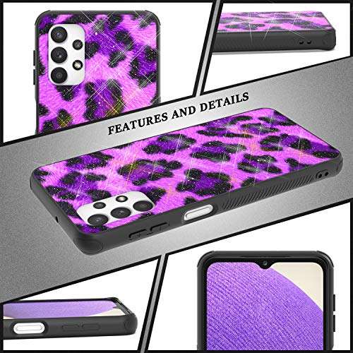 Shinewish Cell Phone Case for Samsung Galaxy A32 5G, with 3D Printed Leopard Print with Glitter Powder TPU Hybrid Shockproof Bumper Case, Purple 3