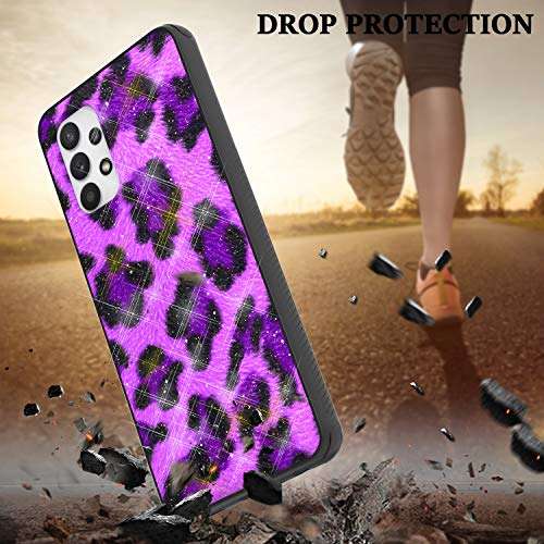 Shinewish Cell Phone Case for Samsung Galaxy A32 5G, with 3D Printed Leopard Print with Glitter Powder TPU Hybrid Shockproof Bumper Case, Purple 6