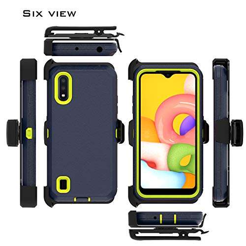 UNC Pro 3 in 1 Belt Clip Holster Cell Phone Case for Samsung Galaxy A01, Heavy Duty Hybrid Shockproof Bumper Case with Kickstand, Navy Blue/Yellow 3