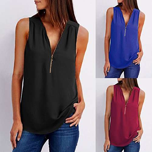 Women Tops Summer V- Neck Zipper Plain T Shirts Long Sleeve Short Sleeve Sleeveless Casual Loose Blouses D-Black 4