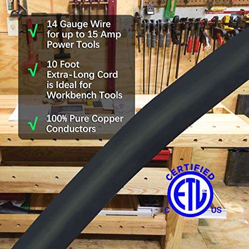 Clear Power 10 ft 3-Wire Heavy Duty Power Cord, Replacement Cord 14/3 SJT for for Power Tools and appliances, Black, 3 Prong Grounded Plug, DCIC-0007-DC 4