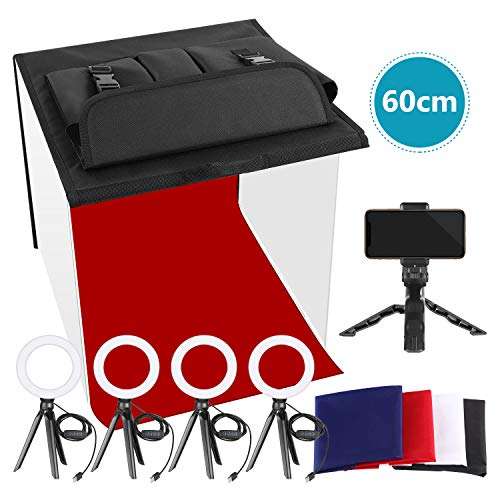 Neewer Photo Studio Box, 24x24inches Table Top Photo Light Box Continous Lighting Kit with 5 Tripod Stands, 4 LED Ring Lights, 4 Color Backdrops and a Phone Holder for Product Jewelry Food Photography 2