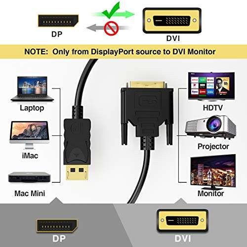 DisplayPort to DVI Cable, VANDESAIL Display Port to DVI Male to Male Adapter Gold Plated Cord, Compatible with PC, Laptop, HDTV, Projector, Monitor and More (6 FT, Black) 3