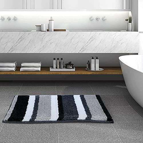HARISONSLIVING Luxury Microfibre Super Soft (40x60 cm) & (50x80 cm) Striped 2000 GSM Bath Mat Super Absorbent Anti Skid Mats for Bathroom/ Bedroom/ Kitchen/ Door Mat/ Floor Mat (Black) Combo Pack of 2 3