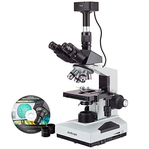 AmScope T490B-MT Digital Compound Trinocular Microscope, WF10x and WF20x Eyepieces, 40X-2000X Magnification, Brightfield, Halogen Illumination, Abbe Condenser, Double-Layer Mechanical Stage, Sliding Head, High-Resolution Optics, Includes 1.3MP Camera with Reduction Lens and Software 2