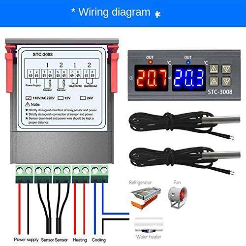 Bonarty STC-3008 Independent Dual-Way Digital Temperature Controller - Control by Setting the Temperature Setting Value and the Difference Value - 12V 4