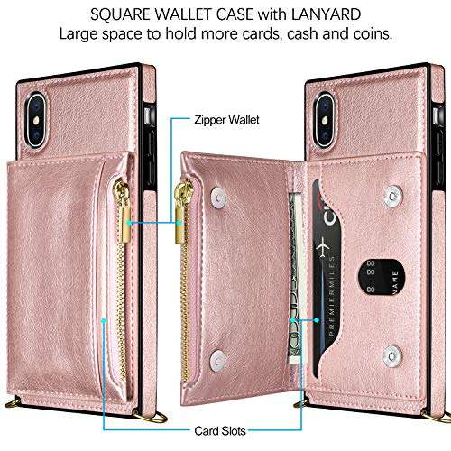 Coolden for iPhone Xs Wallet Case with Lanyard Crossbody Strap Credit Card Holder Slot Square Cover Protective Soft PU Leather Zipper Back Case for 5.8 inch iPhone Xs X 10 Rose Gold 3
