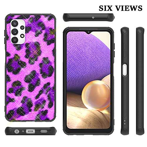 Shinewish Cell Phone Case for Samsung Galaxy A32 5G, with 3D Printed Leopard Print with Glitter Powder TPU Hybrid Shockproof Bumper Case, Purple 4