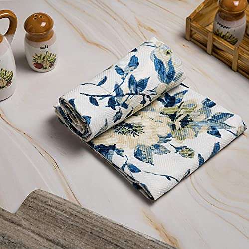 Shades of Life Premium | Blue Floral Kitchen Towel | Multi Purpose Cleaning Cloth | 190 GSM | 100% Cotton | 28" H x 18" W | Extra Absorbent | Quick Drying | Reusable 4