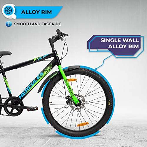 Hercules Flunk RF 26 T Single Speed Road Cycle, Unisex ( Matt Black/Green ,Ideal for : 12+ Years ,Brake : Disc ), Mountain Bike, Frame Size: 17 Inches 6