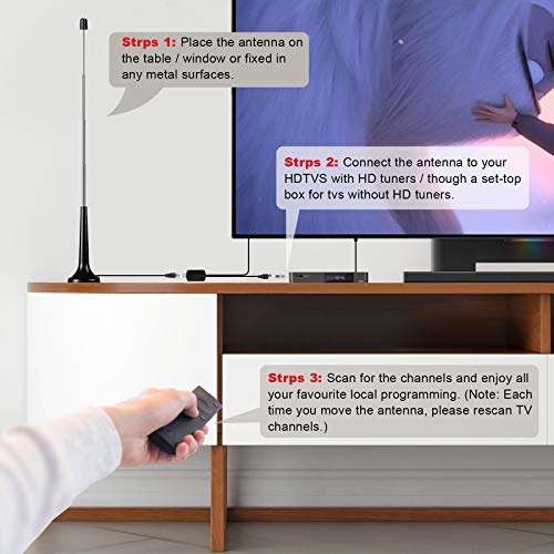 Bingfu Digital TV Antenna Telescopic Amplified HDTV Antenna Portable Magnetic Base TV Antenna Indoor or Outdoor with Amplifier Signal Booster 10Ft Coax Cable Supports 4K 1080P HDTV and All Older TV 6