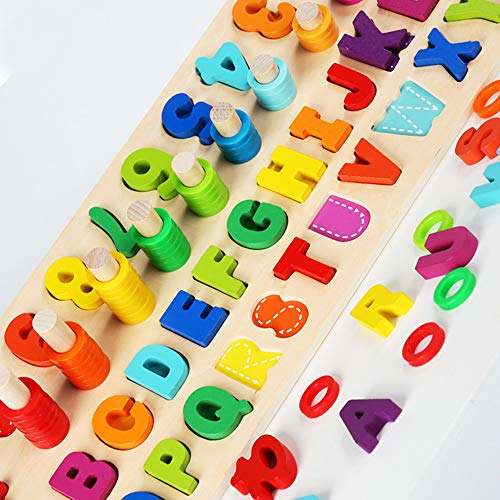Meile 4-in-1 Wooden Number Puzzle Toy Sorting Counting Game Wooden Blocks Puzzle Board Set Alphabet ABC with Wood Colorful Number Shape Math Blocks for Kids Toddlers Preschool Educational Toys 3