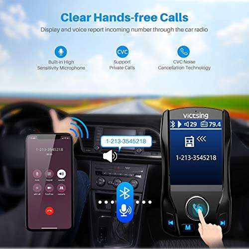 VicTsing 1.8 Color Display Bluetooth FM Transmitter for Car, Wireless Bluetooth Car Adapter with EQ Mode, Power Off, 3 USB Ports, 4 Music Playing, Hands-Free Calls, AUX Input 6