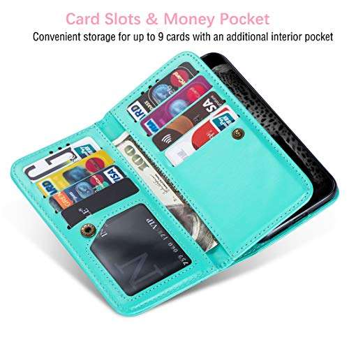 DEFBSC Samsung Galaxy A21S Wallet Case,Magnetic Premium Leather Folio Flip Case with 9 Card Slots/Holder Kickstand and Wrist Strap for Samsung A21S-Mint Green 3