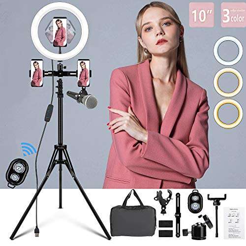 10 Ring Light with Tripod Stand & Hotshoe Adapter Bluetooth Receiver, 5500K Dimmable LED Large with Microphone Clip Light for Smartphone YouTube/TikTok/Photography/Makeup/Online Teaching 2