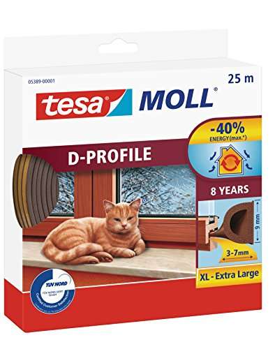 tesamoll D-Profile Seal - Self Adhesive Rubber Draught Excluder for Insulating Gaps in Windows and Doors - Brown - 25 m x 9 mm 2