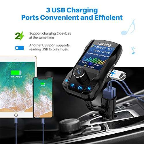 VicTsing 1.8 Color Display Bluetooth FM Transmitter for Car, Wireless Bluetooth Car Adapter with EQ Mode, Power Off, 3 USB Ports, 4 Music Playing, Hands-Free Calls, AUX Input 4