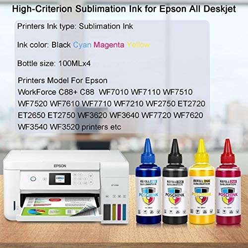 Poschink Sublimation Ink Refill for ET2720 ET2760 WF7710 WF7720 ET4700 ET2760 WF7210 WF7100 WF3720 C88 C88+ Inkjet Printers Heat Press Transfer on Mugs, Plates, Polyester Shirts, Phone Cases etc 3