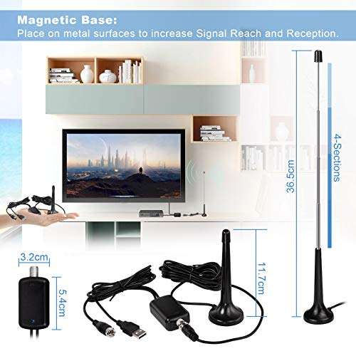 Bingfu Digital TV Antenna Telescopic Amplified HDTV Antenna Portable Magnetic Base TV Antenna Indoor or Outdoor with Amplifier Signal Booster 10Ft Coax Cable Supports 4K 1080P HDTV and All Older TV 5