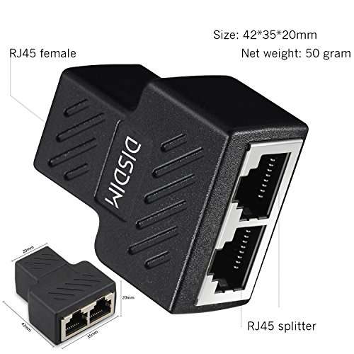 RJ45 Splitter Adapter, DISDIM 1 to 2 Port USB to RJ45 Socket Adapter Interface Ethernet Cable 8P8C Extender Plug LAN Network Connector for Cat5, Cat5e, Cat6, Cat7 6