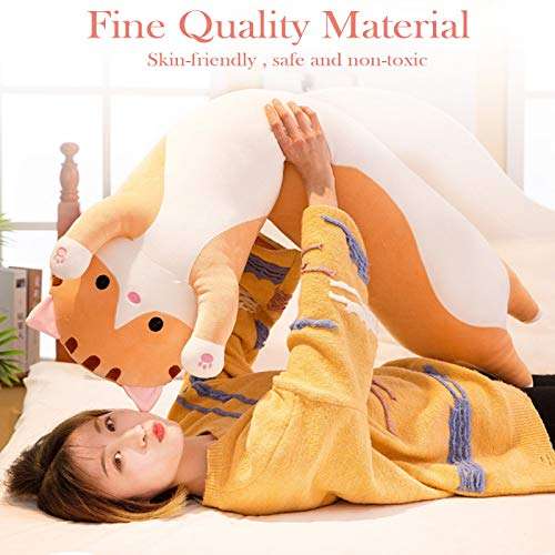 Plush Long Pillow Toy, Cute Cat Doll Cushion, Plush Cat Toy Skin-friendlyelastic Long Doll Pillowcase (L, Brown) 4