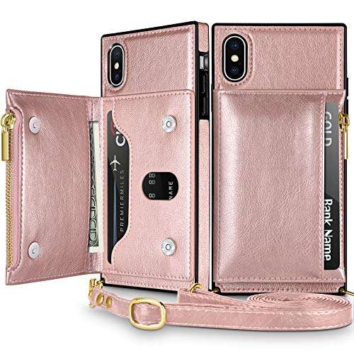 Coolden for iPhone Xs Wallet Case with Lanyard Crossbody Strap Credit Card Holder Slot Square Cover Protective Soft PU Leather Zipper Back Case for 5.8 inch iPhone Xs X 10 Rose Gold 2