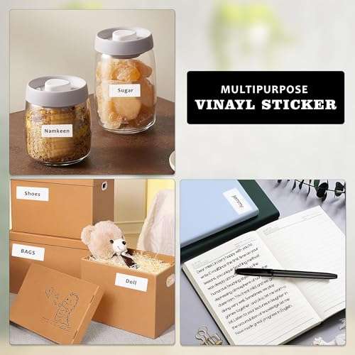 GLUN ® 200 Pcs Waterproof Pearl White Vinyl Stickers Self Adhesive (No Residue) with Black Marker for Mason Jars Glass Bottles, Decals Craft, Kitchen Jar Labels Bottle Stickers 25x50mm 5