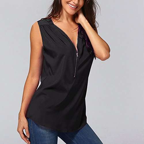 Women Tops Summer V- Neck Zipper Plain T Shirts Long Sleeve Short Sleeve Sleeveless Casual Loose Blouses D-Black 6